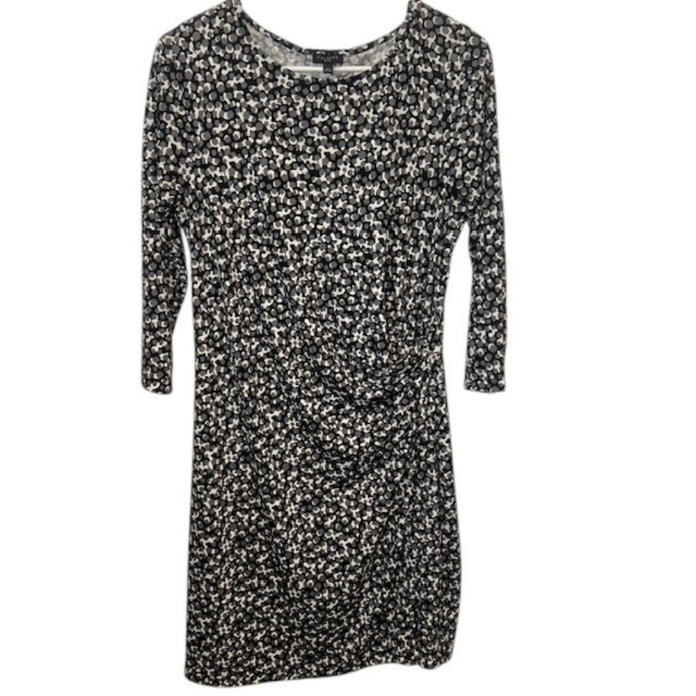 Talbots Knit Dress 3/4 Sleeve Faux Wrap Black Gray White Print Dress Size LP - Picture 1 of 10